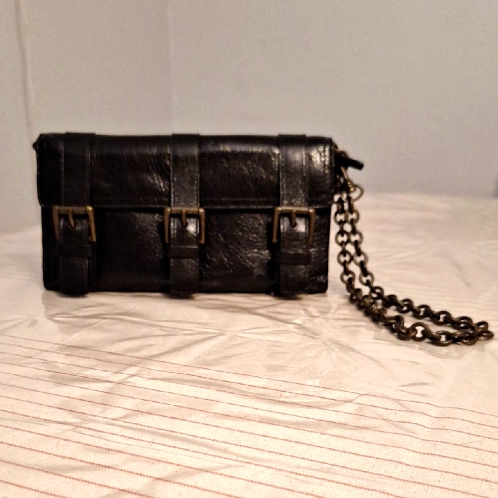 Black Leather Chain Strap Clutch